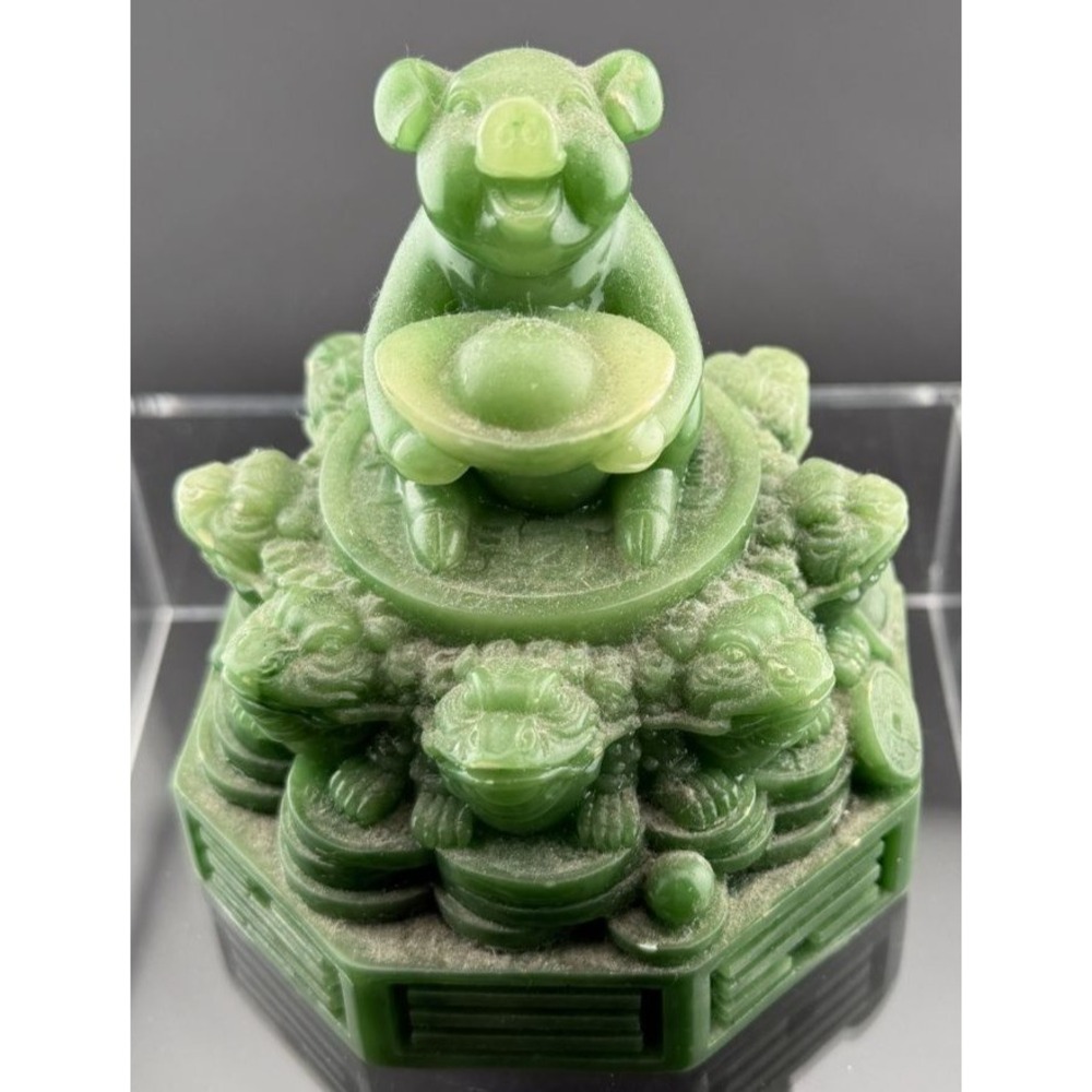 Vintage Prosperity Statue Green Resin Pig Holding Decorative Ingot 4 1/8"